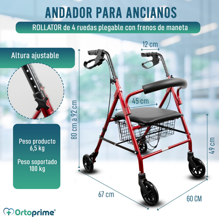 Andador Rollator de Aluminio con Frenos Maneta y Asiento Acolchado