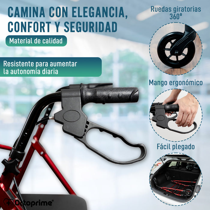 Andador Rollator de Aluminio con Frenos Maneta y Asiento Acolchado