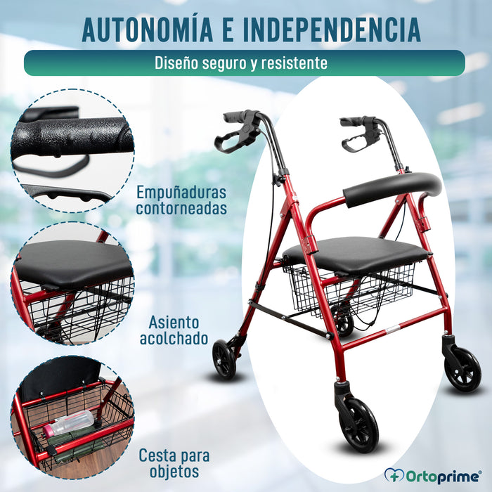 Andador Rollator de Aluminio con Frenos Maneta y Asiento Acolchado