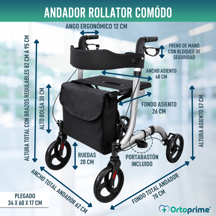 Andador para Ancianos Aluminio Rollator 4 Ruedas Plegable Asiento y Frenos