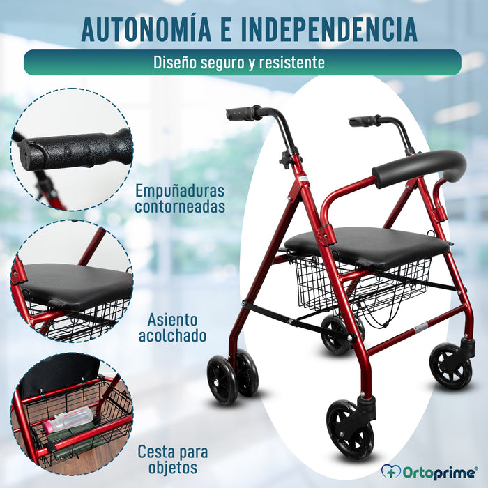 Andador Rollator de Aluminio con Freno a la Carga y Asiento Acolchado
