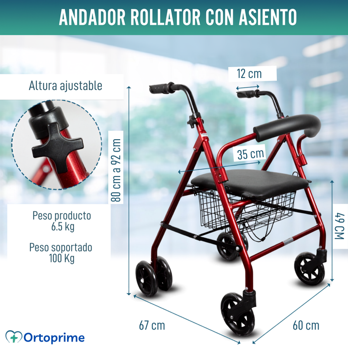 Andador para Ancianos Plegable Cuatro Ruedas | Freno Maneta Asiento Cesta