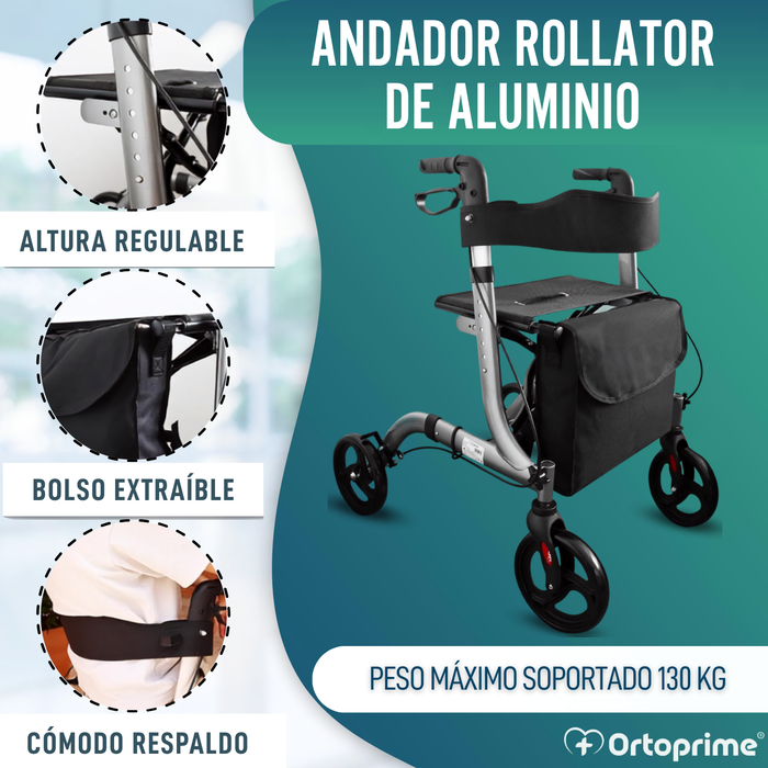 Andador para Ancianos Aluminio Rollator 4 Ruedas Plegable Asiento y Frenos