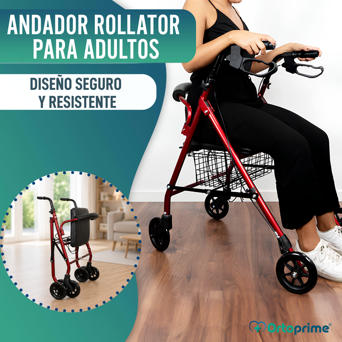 Andador Rollator de Aluminio con Frenos Maneta y Asiento Acolchado