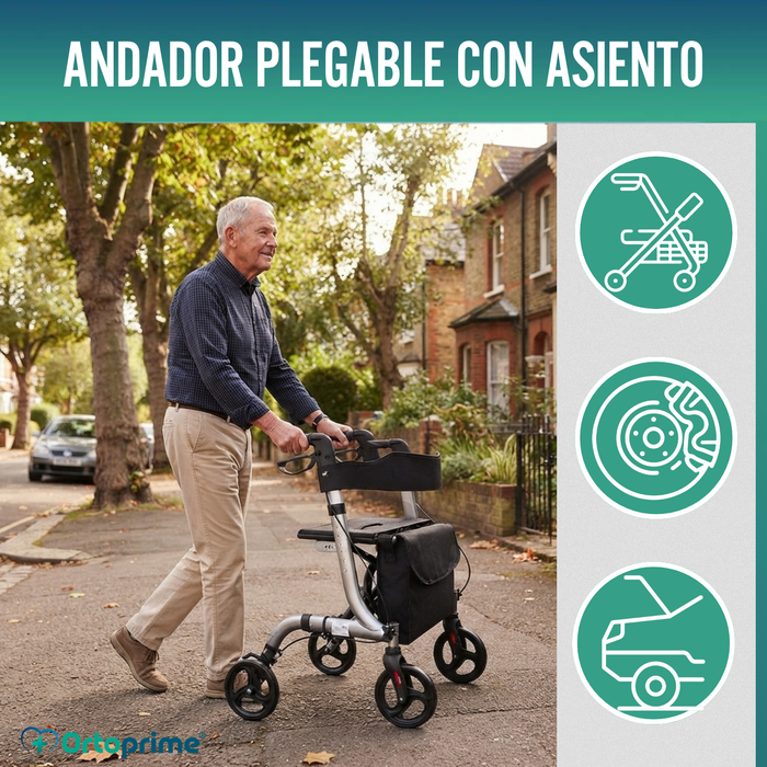 Andador para Ancianos Aluminio Rollator 4 Ruedas Plegable Asiento y Frenos