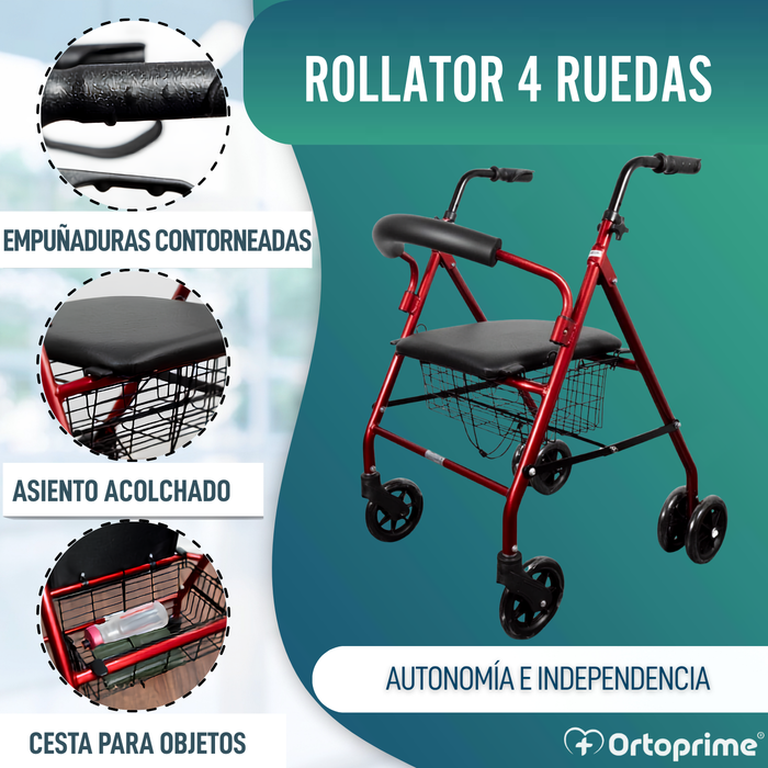 Andador para Ancianos Plegable Rollator Cuatro Ruedas Freno a la Carga