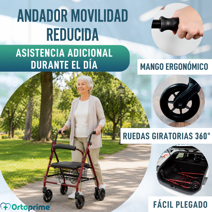 Andador Rollator de Aluminio con Freno a la Carga y Asiento Acolchado