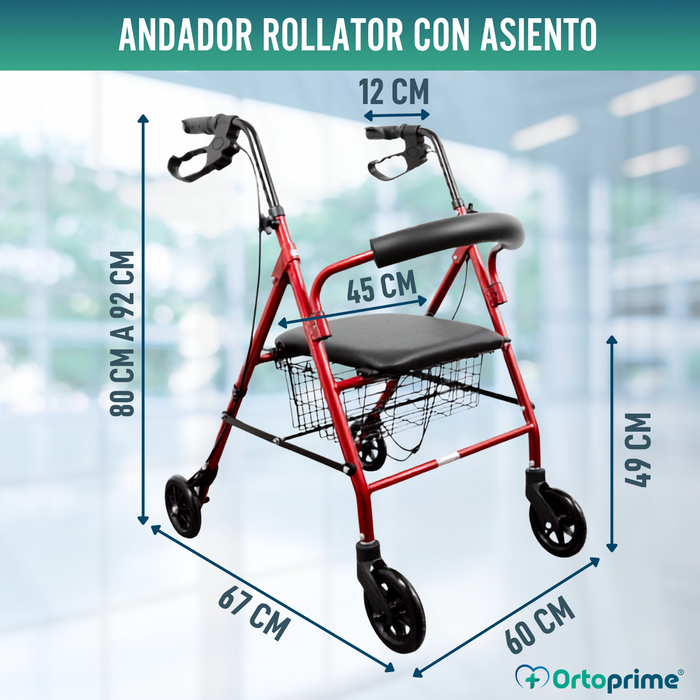Andador Rollator de Aluminio con Frenos Maneta y Asiento Acolchado
