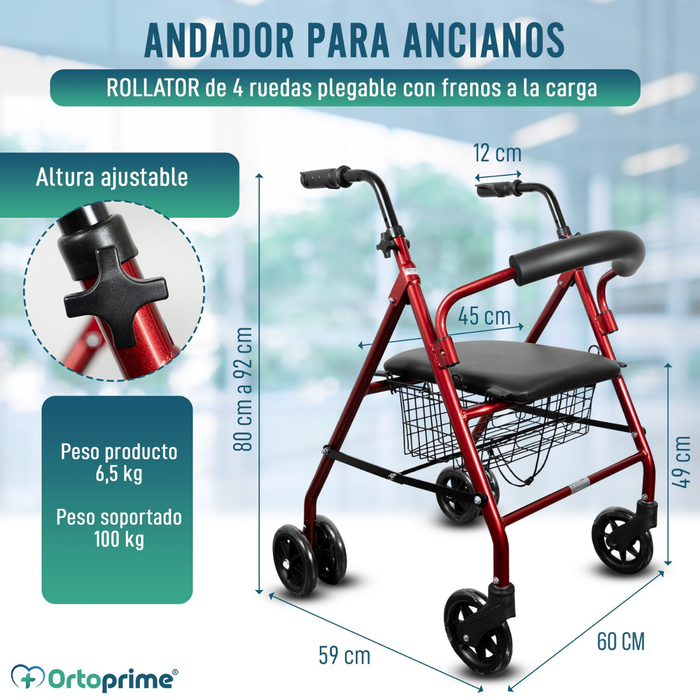 Andador Rollator de Aluminio con Freno a la Carga y Asiento Acolchado