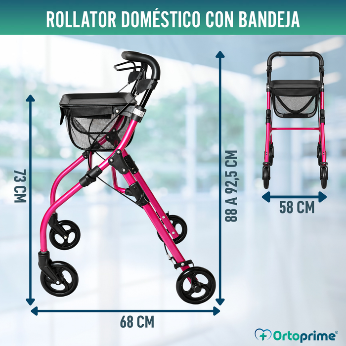 Andador Rollator Plegable de Interior con Bandeja Portaobjetos