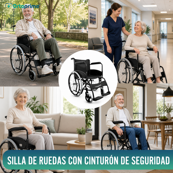 Silla de Ruedas Plegable Autopropulsable Cinturón Seguridad