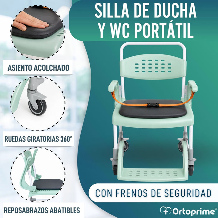 Silla Ducha WC con Ruedas Portátil 3 en 1 | Asiento Acolchado