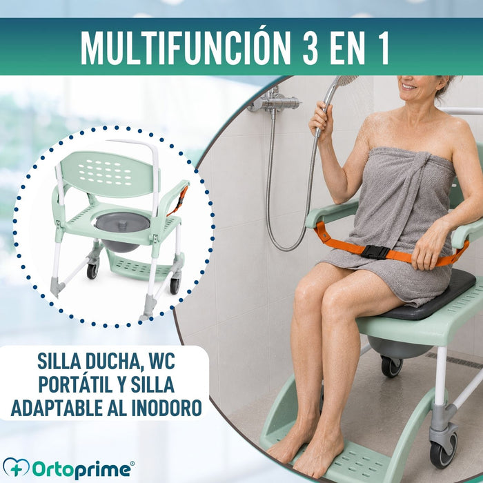 Silla Ducha WC con Ruedas Portátil 3 en 1 | Asiento Acolchado