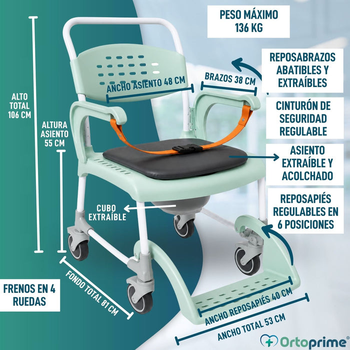Silla Ducha WC con Ruedas Portátil 3 en 1 | Asiento Acolchado